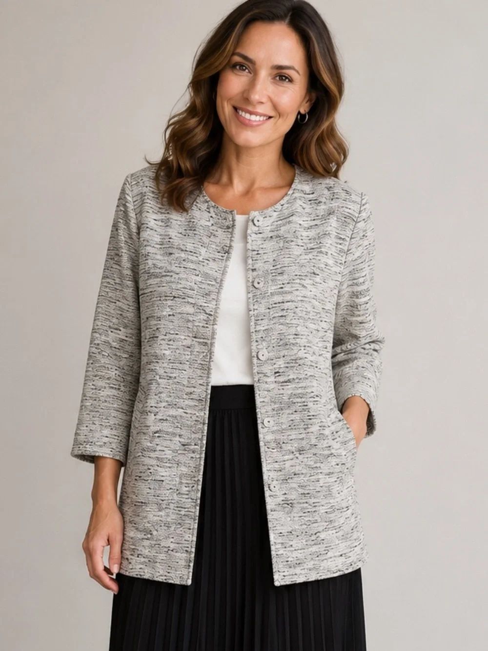 Eileen Fisher Ecru Tweed Long Blazer/Jacket Coat Size Medium